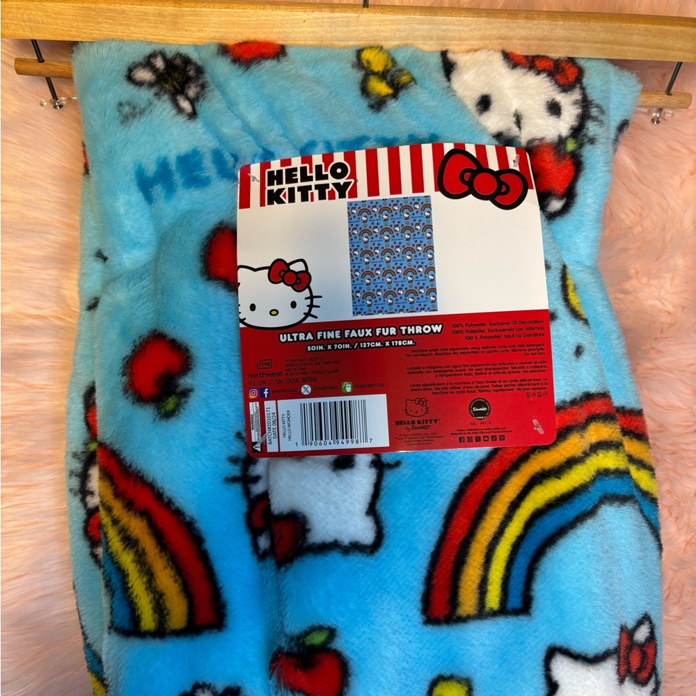 Hello Kitty Blue Blanket with Rainbows and Apples